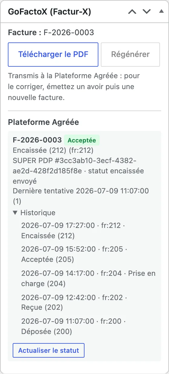 Capture de la boîte GoFactoX sur une commande : facture F-2026-0003, pastille Acceptée, statut Encaissée (212) et historique horodaté du cycle de vie, des codes fr:200 à fr:212.